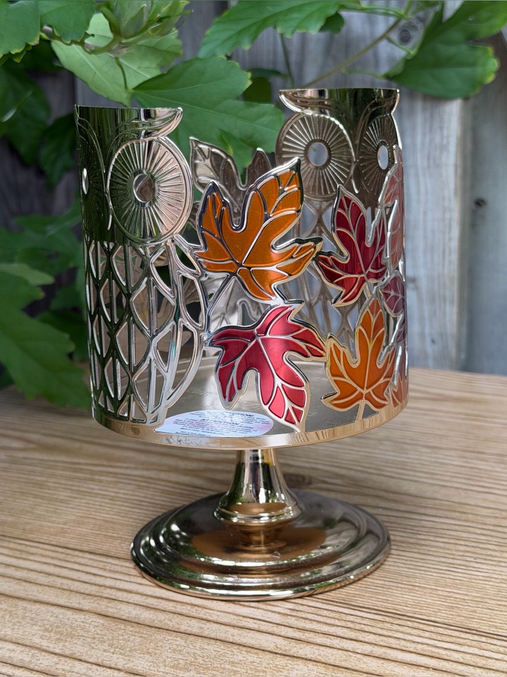 Bath & Body Works Owl Fall Autumn Leaf 3-Wick Candle Sleeve Pedestal - Picture 4 of 9